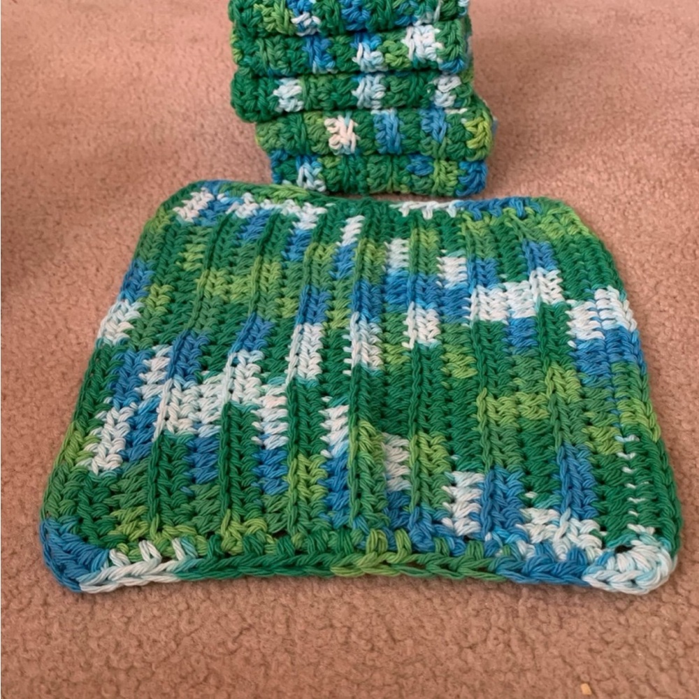 Green and Blue Crocheted dish cloths